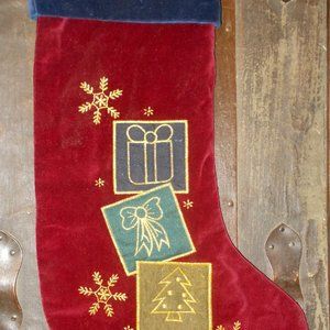 Christmas Stocking 18" Velvety Burgundy w/Gold Thread Appliques Blue Cuff